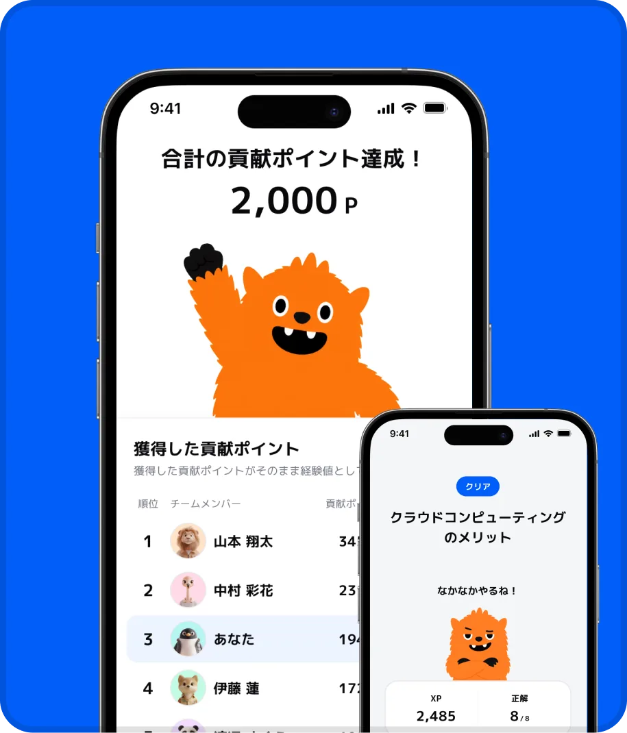 貢献ポイントの達成をキャラクターが祝うアプリ画面